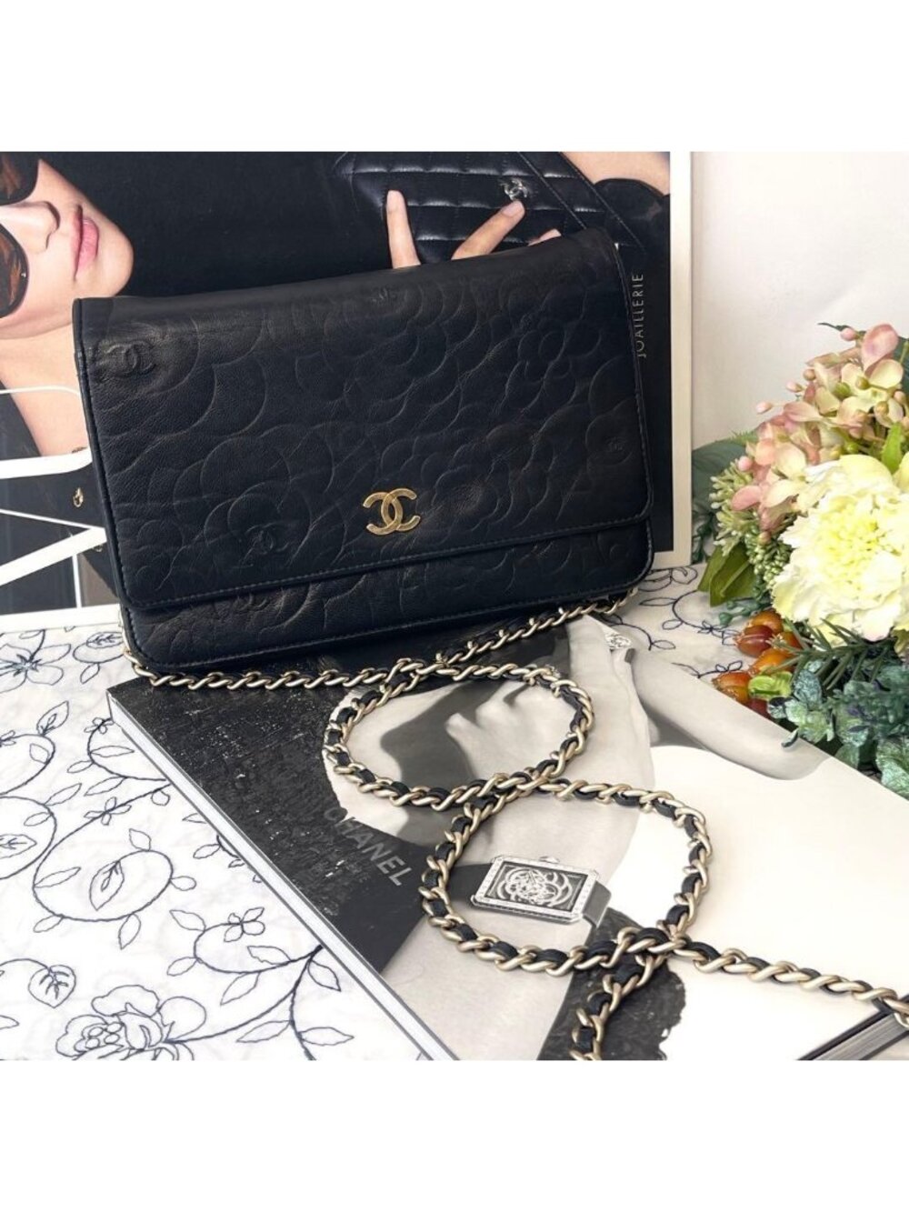Chanel Chain Wallet Camellia Black Shoulder